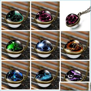 Pendant Necklaces Double Sided Glass Ball Twee Constell Pendant Necklace 12 Horoscope Sign Glasses Cabochon Moon Time Gemstone Neckl Dhnt4