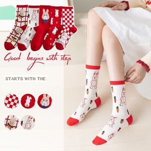 Red socks Children's autumn and winter Christmas socks Cartoon cute rabbit chessboard middle tube