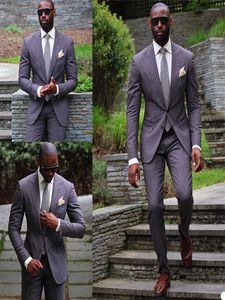 Men's Suits Men Causal Custom Made Wedding Tuxedos Pinstripe Peaked Lapel Groom Wear Business Suit 2 Pieces Costume Homme