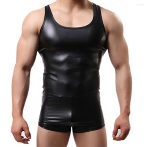 Herrtankstoppar män sexig solid färg ärmlös lågskuren faux läder smal väst gym topp skjorta svart prestanda kostym