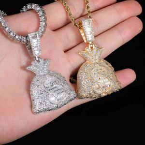 Hip Hop Dollar Purse Pendant Necklace Bling Zircon 18K Real Gold Plated Men Women Christmas Gift