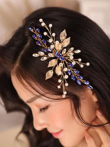 Cabeças de casamento acessórios de casamento folhas douradas azul strass de cristal chapéu de pérol