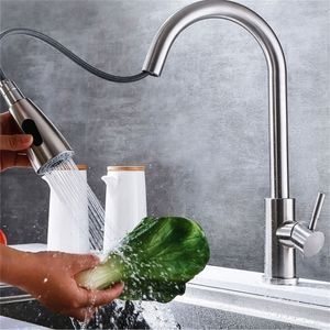 Kitchen Faucets Brushed Nickel Faucet Single Hole Pull Out Spout 360 Degree Rotating Mixer Stream Sprayer Head And Cold Tap 221109