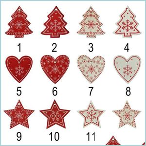 Decorações de Natal Christmas Pingente de madeira 10pcs/lote Branco Red Tree Ornament Angel Snow Bell Elk Star Decorações para Drop Home Dhmzt