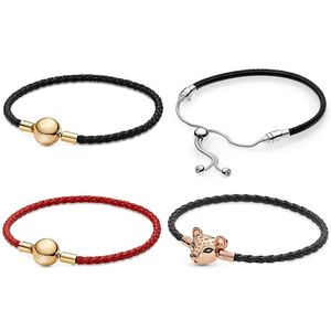 S925 Silver Rose Gold Leopard Head Charm Bracelet Leather Woven DIY fit Pandora Jewelry gift