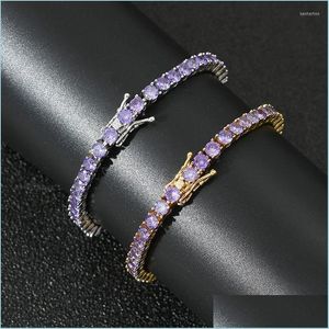 Łańcuch łańcucha łańcucha 4 mm Hip Hop Bling Out Purple Cubic Zirkonia Tennis Bracelets Kobiety Mężczyźni 1 rzęd Cz Biżuter Gold Sier Kolor Kent22 Dhuva