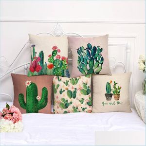 Pillow Case Cotton Cactus Series Pillowcase Green Plant Cushion Er Linen Home Decor Pillow Case Sofa Car Throw Drop Delivery Garden Dhfvu