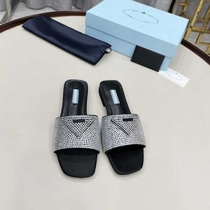 Heeled Sandals Slides Flat Slippers Triple Black Crystal Satin Woman Designers Slide Rubber Sole Casual Fashion Party Lady