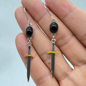 Dangle Küpeler Vintage Metal Ekstra Uzun Kılıç Basit Etnik Stil Bayanlar Siyah Taş Kanca