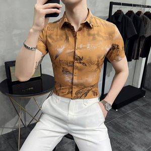 Erkek Casual Gömlek 2022 Yaz Erkek Tüy Baskı Kore Slim Fit Elbise Gömlek İş Resmi Streetwear Sosyal Parti Bluz 4XL-M