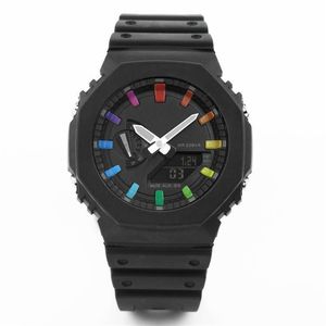 Iced Out Watch Men's Digital Sport Quartz Watch Led Waterproof World Time Full Feature Ultra Thin Black Rainbow Oak Series borttagbar montering