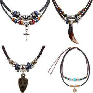 Vintage Men Cross Pendant Necklaces Woven Genuine Leather Turquoise Beads Chain Elephant Indian Crescent South American Fashion Necklac183V