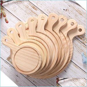 Rolling Pins Pastry Boards Wooden Round Pizza Board With Hand 6Inch14Inch Baking Cutting Tray Cafe Store Dessert Accessory Drop De Dh0Q3