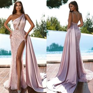 Elegant Prom Dresses Mermaid One Shoulder Sleeveless Stain with Partital Transparent Beaded Applicant Backless Court Gown Custom Made Plus Size Robes