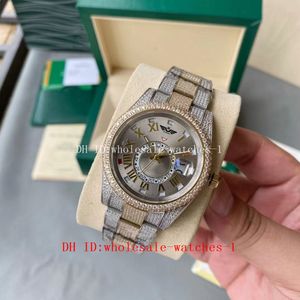 Relógio 5 estrelas Super 17 Estilo Full Diamond Sky-Dweller Cinza Roman Dail Dois Tons Ouro Aço 42mm Relógio 326938 Relógios Automáticos de Safira 18k Mens Relógios de Pulso Masculino