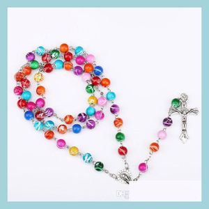 Hänge halsband Colorf Polymer Clay Bead Rosary Pendant Halsband Cross Virgin Mary Centrepieces Christian Catholic Religious Hip H DH1BL