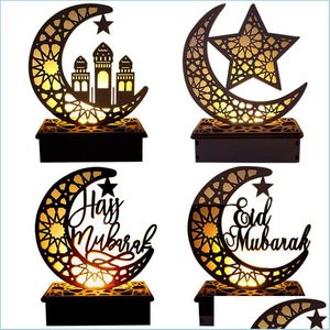 Inne świąteczne zapasy imprezy Eid Mubarak Ramadan Drewniany wystrój Hollow Moon Star Blessing Word Dekoracja dla szczęśliwego stołu w domu Dhbqa