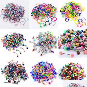 Nose Rings Studs 10Pcs/Set Color Mixing Fashion Body Piercing Jewelry Acrylic Stainless Steel Eyebrow Bar Lip Nose Barbell Ring Na Dh5Rz