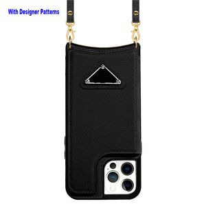 Luxury Wallet Cases Designer för iPhone 14 Pro 13 12 11 8 Kvinnor Läder Klassiskt mönster med kreditkortshållare Slot Stand Cross-Body Strap Lanyard Mobiltelefonomslag