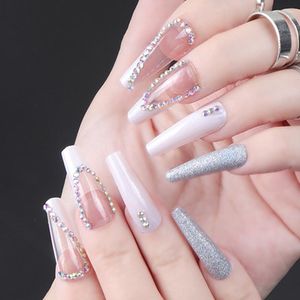 False Nails 24PCS Rhinestone Girls Sweet Style Long Press On Wearable Finished Nail Piece With Jelly Gel TY