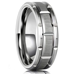 Män 8MM Ring i rostfritt stål Silver Borstad Dubbla Spår Mönster Mäns Vigselring Fest Smycken För Kvinnor Present