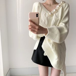 Women's v-neck coarse wool knitted loose big pearl beading patched sweater asymmetric irregular cool jumpers