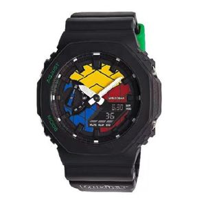 Mäns Digital Sports Quartz Titta på hela funktionen LED Automatisk handlyft Ljus Rubik's Cube Oak Black Series borttagbar montering