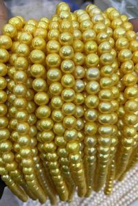 Chains Wholesale 9-10mm Big Dyed Gold Color Loose Freshwater Pearl Necklace Real Strand String 38cm Long 10pcs/lot