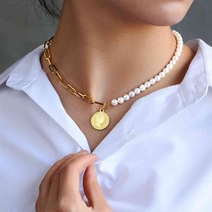 KRKC Luxury Custom Gold Plated Women Baroque Half Pearl Link Necklace Jewelry Big Natural White Frhwater Pearl Necklace254a