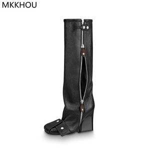 Boots MKKHOU Fashion Knee High Women High Quality Leather Wedge Heel Personality Street Punk Style Motorcycle