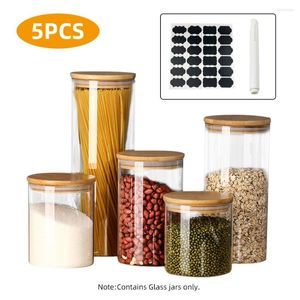 Garrafas de armazenamento 5pcs frascos de vidro com 24 rótulos e marcadores de alimentos para caneta recipientes de bambu aérea empilhável para doces