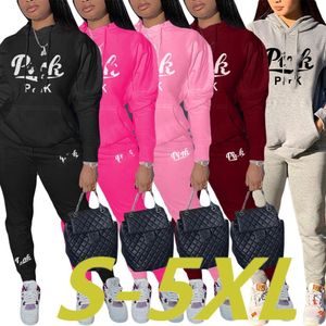 2024 Jogging Suit Designer Marca Mulheres Tracksuits Rosa Imprimir 2 Peça Define Hoodies Calças Manga Longa Sweatsuits Sportswear 5XL Plus Size Outfits Roupas Casuais 8906-3