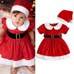 Abiti da ragazza Toddler Neonate Natale A-line Rosso Manica corta Colletto da bambola Principessa con cappello da cintura Abito natalizio 221110