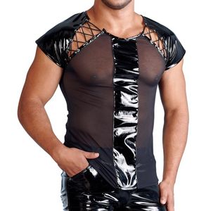 Men's T-Shirts 2022 Men Novelty Sexy Club Party Dance T Shirts Mens Strap Bandage Rivet Mesh paint Leather Lingerie Tops Tee