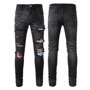 Black Multi Patch Stretch Denim Jeans For Men Worn Out Hole Slim Fit Leg