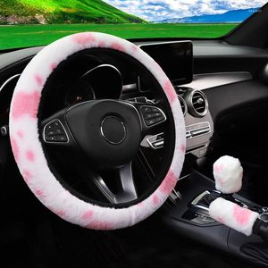 Steering Wheel Covers 38cm Cow Print Soft Plush Car Cover Hand Brake Gear Set Anti-Slip Auto Styling Interior Accessories