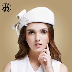 Berets FS Dame Schwarz Weiß Wolle Französisch Baskenmütze Hut Für Frauen Herbst Winter Vintage Fascinator Bowknot Filz Flache Krempe Fedora hüte 221110