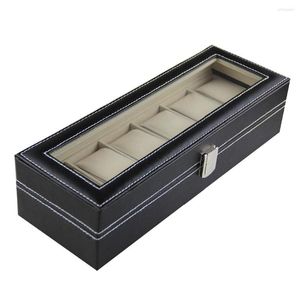 Jewelry Pouches Watch Box 6 Mens Black Leather Display Plexi Glass Top Case Organizer