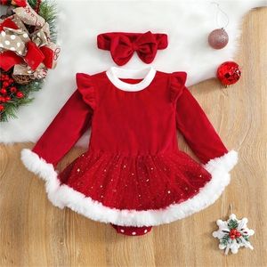 Kleider für Mädchen, geborenes Baby, Weihnachtskleid, Winter-Samt, lange Ärmel, rotes Ballkleid-Kleid, Plüsch-Dekoration, süßes Mädchenkleid, Stirnbänder 221110