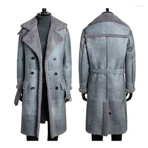 Erkek ceketleri sıcak kış koyun derisi trençkot erkekler deri ceket klasik kürk uzun rüzgarlık gerçek giyim