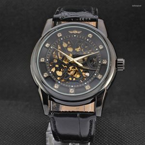 Wristwatches Luxury Mens Automatic Mechanical Watch Diamond Skeleton Dial Black Clock Leather Strap Wrist Watches Gift For Thanksgiving