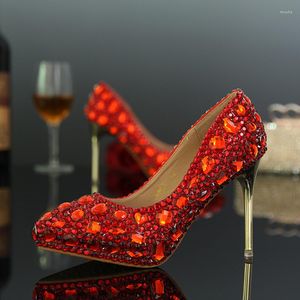 Dress Shoes Red Color Pointed Toe Wedding Party Bridal Women Rhinestone Crystal Silver High Heels Pumps