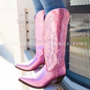 Stivali Cowboy Donna Western Autunno Inverno Rosa Ginocchio Alto Cowgirl Punta a punta Ricamo Scarpe di grande qualità 221110