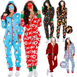 Pijama de macacão de Natal Mulheres Mulheres Mangas Longas de Manga Longa Xmas Imprimir Zíper fofo de roupas de noite com capaz