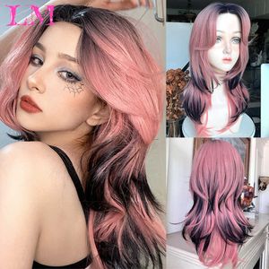 Cosplay Wigs LM Long Ombre Pink And Black Synthetic Wigs With Bang for Women Wavy Cosplay Wigs Natural Hair Wig Heat Resistant Pink Red Wig T221104 T221104