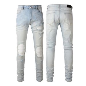 Hellblaue Denim-Jeans mit rissiger Applikation für Herren, Reißverschluss, Stretch-Bein