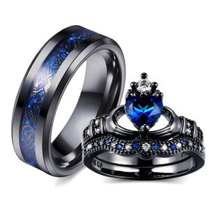 Anello per coppia di ciondoli Anelli da drago celtico in acciaio inossidabile da uomo Anelli da donna con zirconi blu Set di gioielli per fedi nuziali di San Valentino