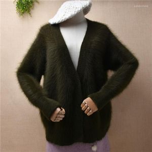 Kvinnors tröjor Kvinnliga kvinnor Autumn Winter Clothing Hairy Mink Cashmere Sticked V-Neck Loose Cardigan Angora Fur Jacket tröja