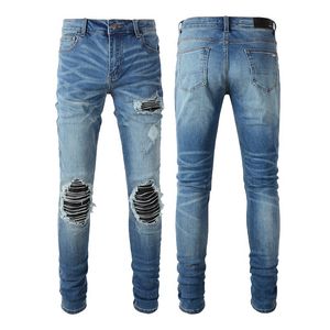 Große Größe 40 Biker-Stretch-Denim-Jeans für Herren, rissige Lederflicken, schmale Beinpassform