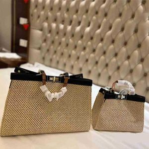 Einkaufstaschen Sommer Stroh Tote Frauen Handtasche Gewebte Schulter Clutch Leder Designer Umhängetasche Weibliche Urlaub Geldbörsen 2 Größen 220407